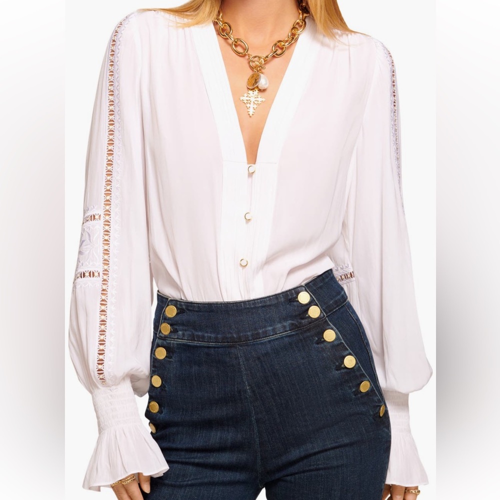 Ramy Brook Noa Open Stitch Ruffle Cut Blouse white Size large